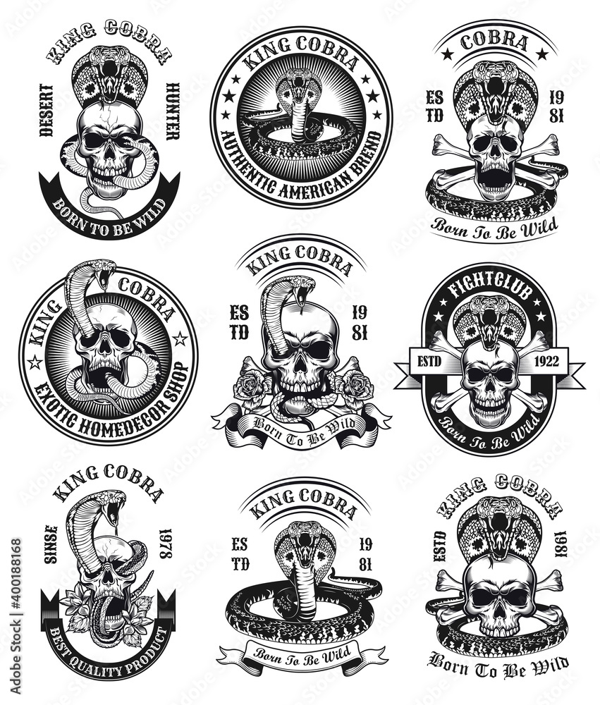 Fototapeta premium King cobra emblems set. Monochrome design elements with human skulls, snake and text. Gothic or horror concept for labels, stamps, tattoo templates