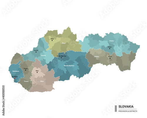 Slovakia higt detailed map with subdivisions. Administrative map of Slovakia with districts and cities name, colored by states and administrative districts. Vector illustration.