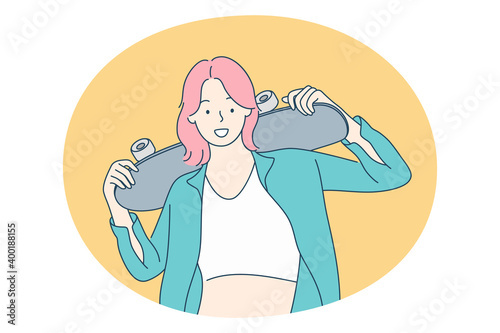 Riding on skateboard concept. Smiling positive teen girl cartoon character standing and holding skateboard for riding outdoors in summer. leisure activity, active lifestyle, extreme sport for teens