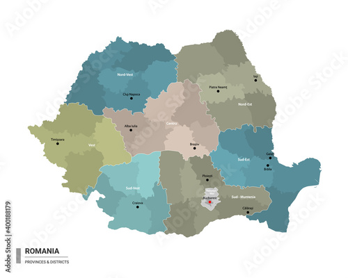 Cuadro en lienzo Romania higt detailed map with subdivisions