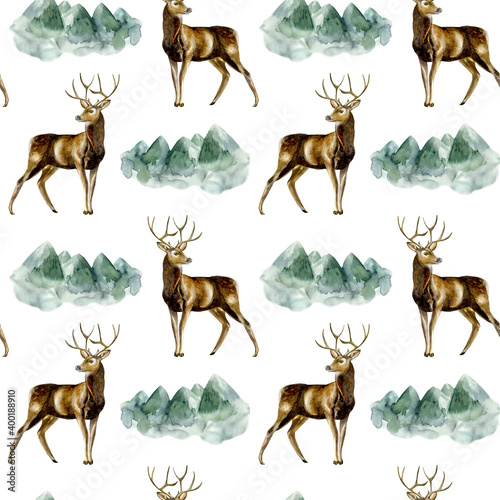 Watercolor hand painted seamless pattern with deer and mountains on white background. Winter pattern is prefect for fabric, wrapping paper or scrapbooking photo