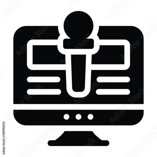 
Online journalism glyph icon showing mic inside computer 
