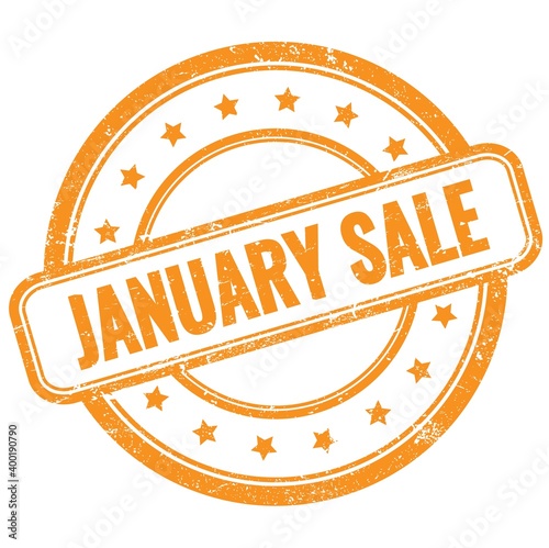 JANUARY SALE text on orange grungy round rubber stamp.