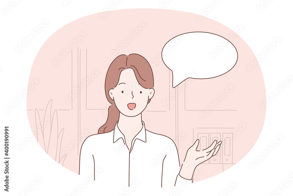 Communication, chat, speaking concept. Young smiling girl cartoon character standing and talking with speech bubble near vector illustration Communication, chat, speaking concept. Young smiling girl cartoon character standing and talking with speech bubble near vector illustration