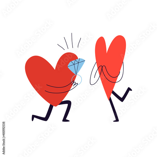 Сharacter in the shape of a heart kneels down and gives his beloved a ring with a huge diamond. The loving one is happy to accept the marriage proposal. Vector stock illustration on white background.