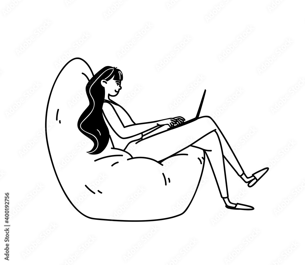 Hand-drawn young woman at work in a comfortable soft chair. Black on white outline vector illustration of a girl in house slippers with a laptop on her lap. Doodle concept for remote work. Hand-drawn young woman at work in a comfortable soft chair. Black on white outline vector illustration of a girl in house slippers with a laptop on her lap. Doodle concept for remote work.