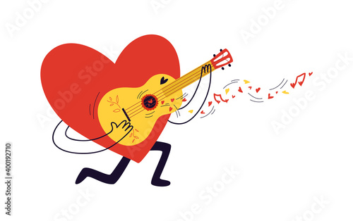 Сartoon heart plays the guitar. Сharacter in the shape of a red heart sings a serenade. Small hearts and notes fly out of the yellow painted guitar. Valentine's Day concept. Vector stock illustration.