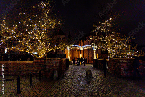 streets at night with decorations for Christmas Warsaw Poland in the city center