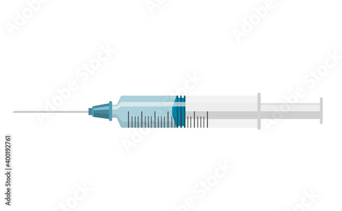 The medical syringe is placed horizontally on a white background. It can be used for posters advertising vaccination, medical websites, packaging design of medical devices