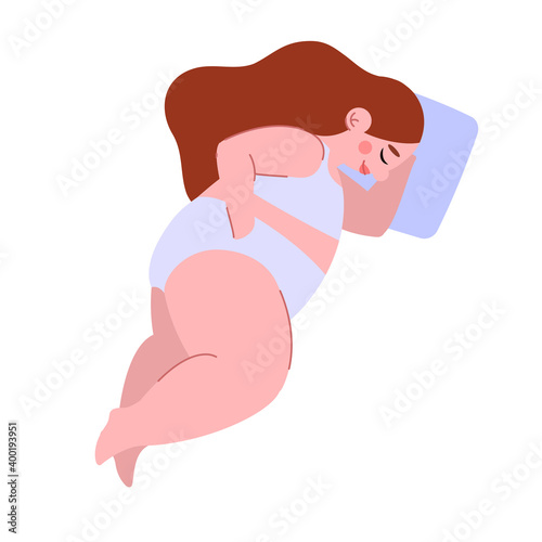 Curvy woman in bra sleeps in her side with her hand under her head and bends her knee. Isolated vector illustration of sleep pose in hand drawn style
