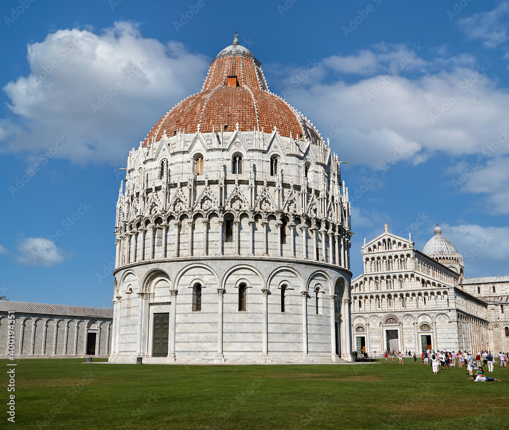 Pisa, Piazza del Duomo with Battistero, Basilica and the leaning tower, Italy
