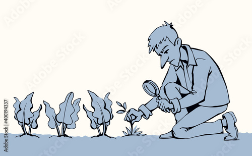 A man with a magnifier is looking for weeds. Vector drawing