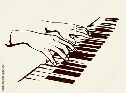 Hands on piano keyboard. Vector drawing