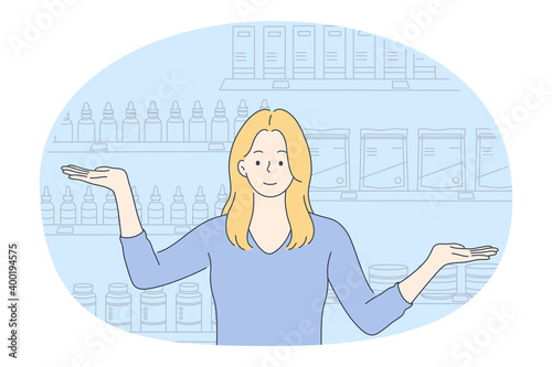 Natural cosmetics concept. Young smiling girl cartoon character standing with stretched hands and enjoying assortment of organic treatment products in shop illustration 