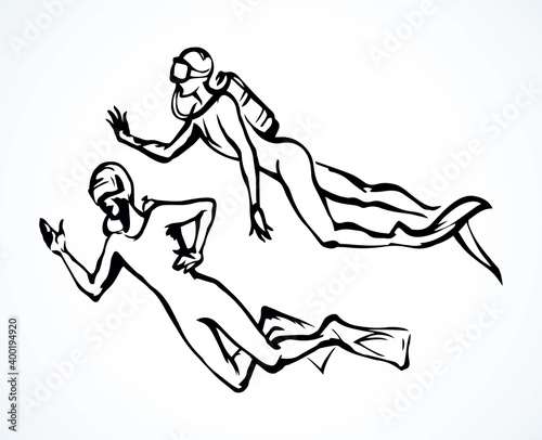 Scuba diver underwater. Vector drawing