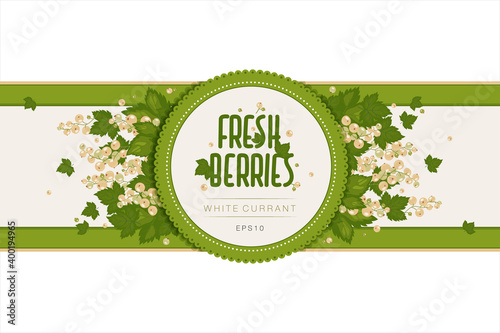 Label design for jam or berries. White currant berries and leaves. Packaging, box template. Farm products, eco product
