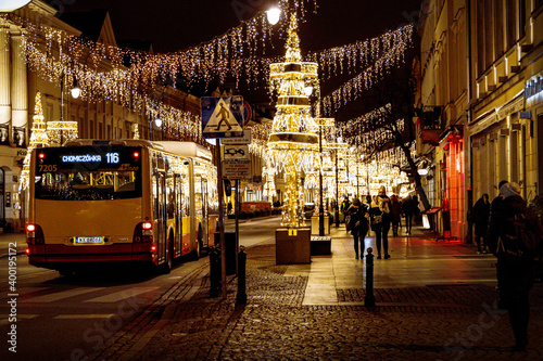 streets at night with decorations for Christmas Warsaw Poland in the city center