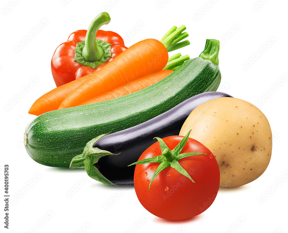 Red sweet pepper, carrot, zucchini, aubergine, tomato, potato and tomato isolated on white background Red sweet pepper, carrot, zucchini, aubergine, tomato, potato and tomato isolated on white background