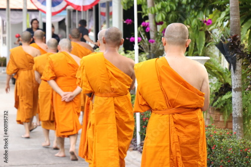 Buddhist monk walk receive food in the morning