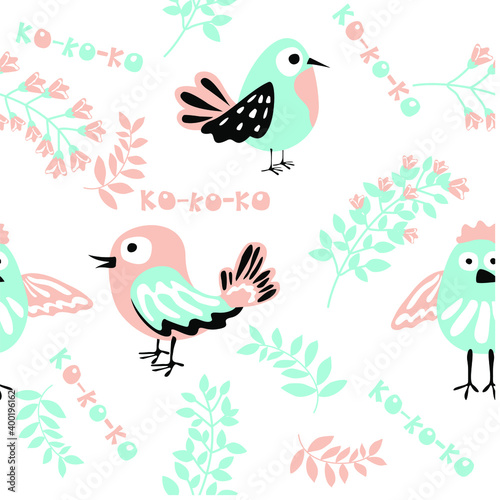 Cute birds with sprigs of flowers and herbs. Spring tender vector seamless pattern. Hand drawn illustration for print © miracle15
