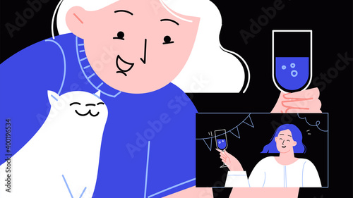 Two girlfriends and a cat on the online conference house party. Two friends raising glasses online. Online conference app screen
