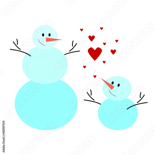 Two snowmen and red hearts on white. Symbol of loving parent and a child. Feeling love. Warm red hearts and cold blue hues. 