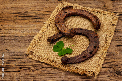 Two very old cast iron metal horse horseshoes, fresh clover leaf. Good luck symbol, St.Patrick's Day concept