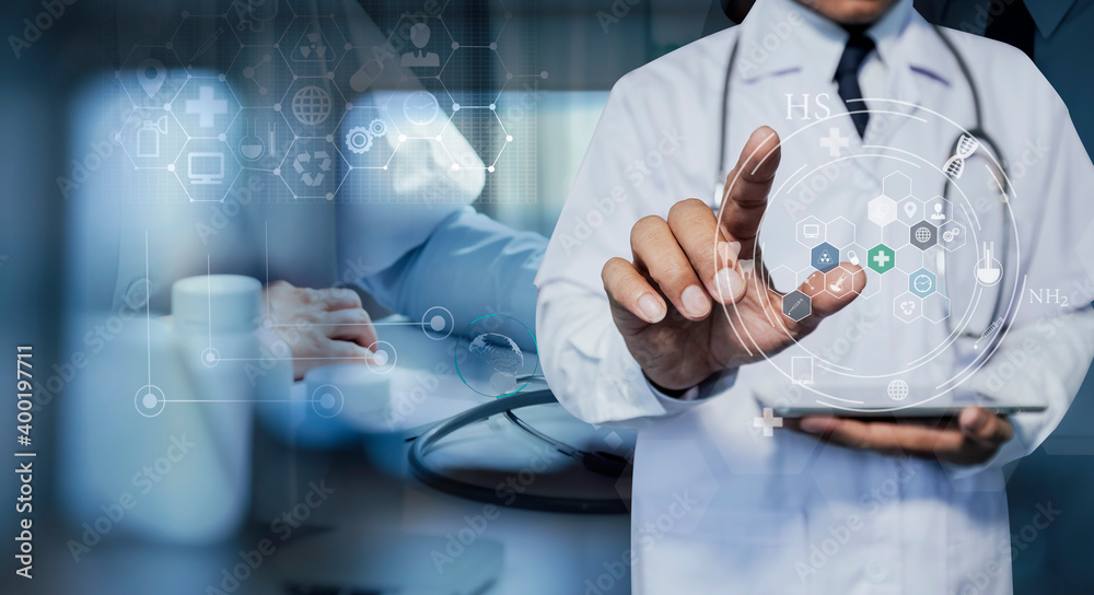 Medical technology and futuristic concept. Doctor hologram modern virtual screen interface. Medical technology and futuristic concept. Doctor hologram modern virtual screen interface.