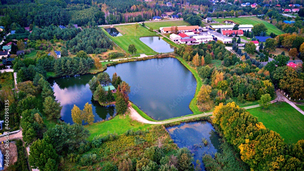 A lake among greenery from a bird's eye view