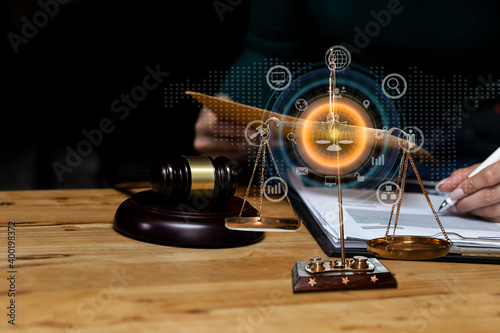 Concepts of Law and Legal services. Lawyer woman working with law icons.