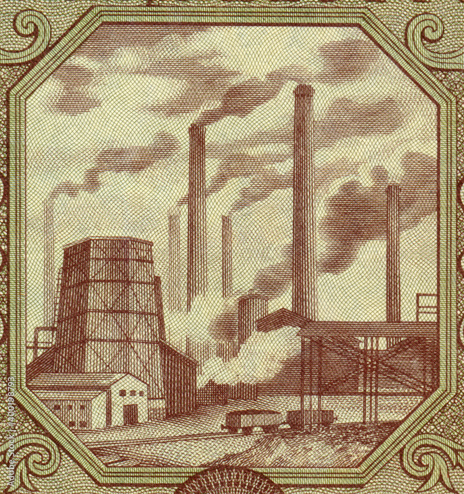 "Huta z dymiącymi kominami" na banknocie 1000 złotych z datą 15 lipca 1947									
 - obrazy, fototapety, plakaty 