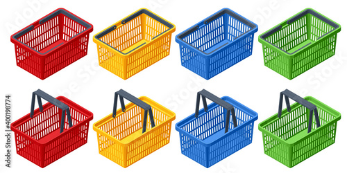 Isometric Set of plastic shopping baskets on white background. Red, yellow, blue, green plastic shopping baskets