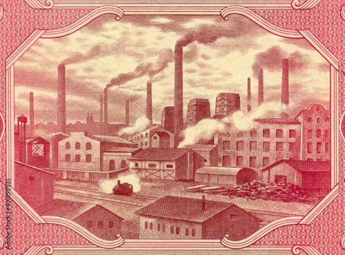 Przemysł - pejzaż przemysłowy na banknocie 100 złotych z datą  01 lipca 1948									
