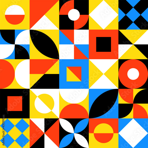 Abstract geometric background with squares, semicircles, triangles. Modern seamless pattern in trendy bright colors.