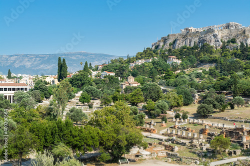 Ruins of Ancient Agora and Acropolis of Classical Athens of Greece. Aerial  view from the Temple of Hephaestus (Hephaestion) photo