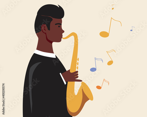 African saxophonist isolated as concept of black history month, afro people achievements, flat vector stock illustration with saxophone