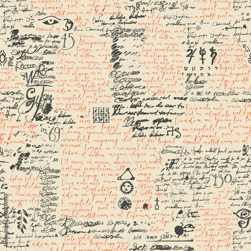 Vector texture, seamless pattern with red handwritten text Lorem Ipsum, black scribbles and blobs. Decorative repeatable background in retro style. Suitable for Wallpaper, wrapping paper, fabric