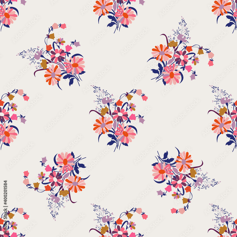 Floral peony rose flowers seamless pattern. Design for wallpaper, background, fabric, textile, exotic, packaging. Blue, pink, red, brown. 
