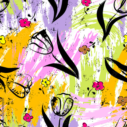 floral seamless background pattern, with paint strokes and splashes