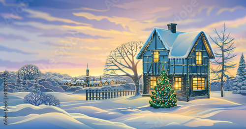 Festive winter landscape with a festively decorated house and decorated Christmas tree in in rural areas.