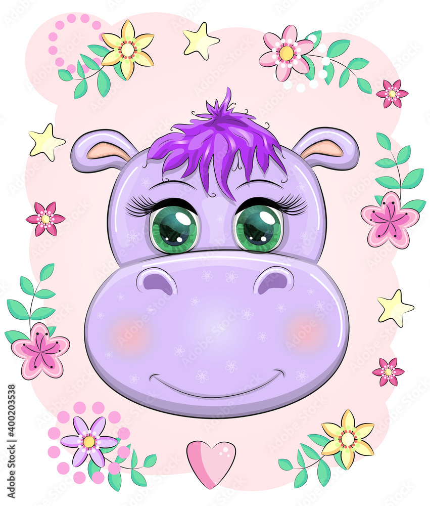 Fototapeta Śliczna kreskówka hipopotam z pięknymi oczami wśród kwiatów, serc. T-shirty z nadrukiem, projektowanie mody dla niemowląt, zaproszenia na baby shower.