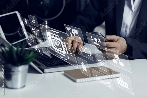 Double exposure of business hands working on digital tablet and smart phone with digital marketing virtual chart, Abstract icon, Business strategy concept. 