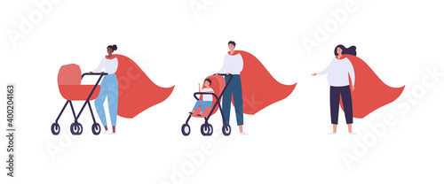 Superhero parent family character concept. Vector flat male and female people illustration set. Man and woman super hero in red cape with baby pram and pregnant person isolated on white background.