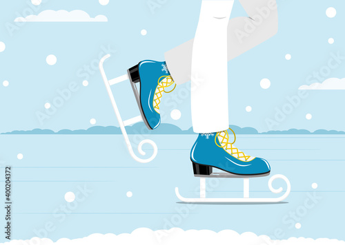 Pair of white skates. Figure skating. Men's skates. Winter active outdoor leisure ice skates. vector illustration.