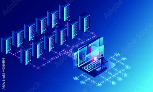 Datacenter server room cloud storage technology and big data processing protecting data security concept digital information isometric dark neon 