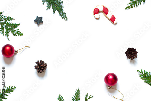 Christmas or New Year concept frame with ginger cookies and festive decoration. Copy space	