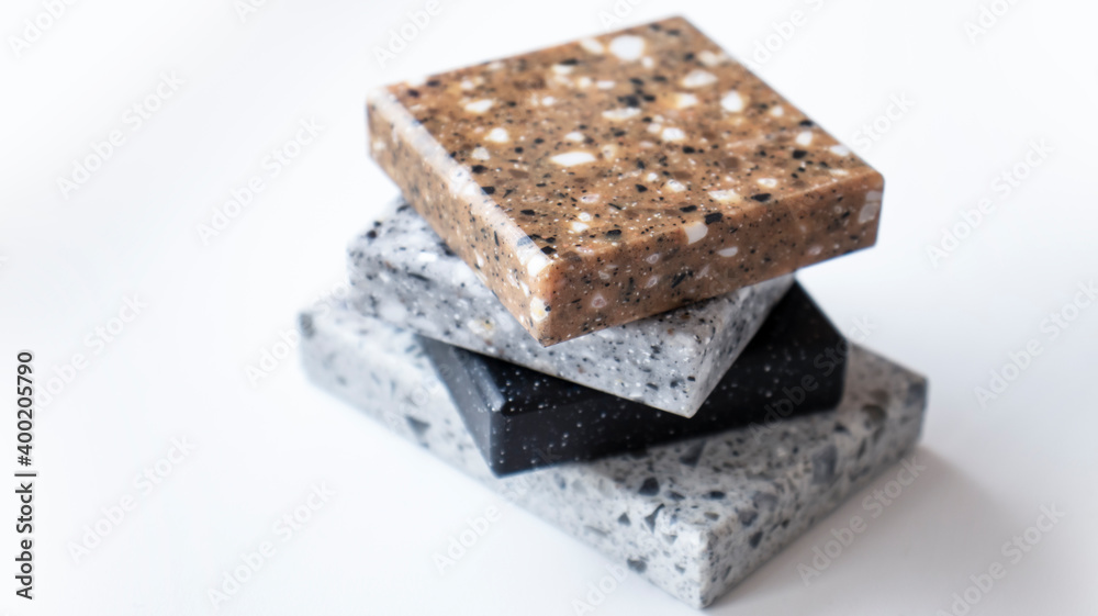 Decorative artificial stone in samples. Suitcase with samples of artificial stone. Finishing material, interior renovation. Decorative artificial stone in samples. Suitcase with samples of artificial stone. Finishing material, interior renovation.
