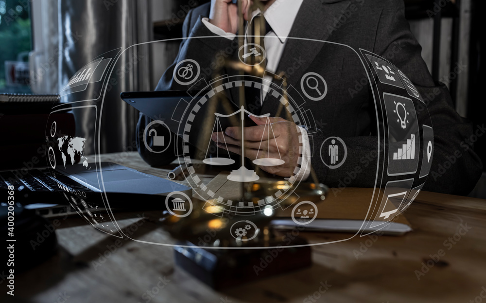 Obraz premium Law and Legal services concept, Lawyer business team working at the table office and law interface icons.