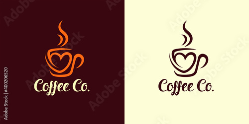 Coffee cup heart logo. Cafe mug icon. Latte cup symbol. Espresso hot drink sign. Love cappuccino emblem. Vector illustration.