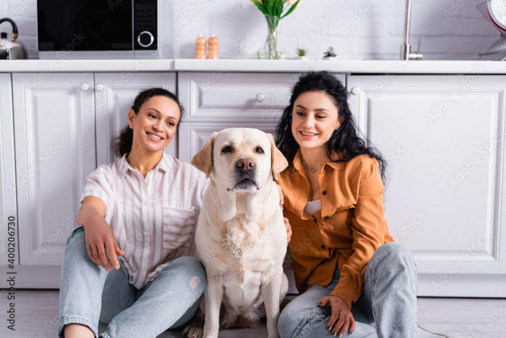 Cheerful hispanic lesbian couple sitting near white labrador in kitchen on blurred background Cheerful hispanic lesbian couple sitting near white labrador in kitchen on blurred background